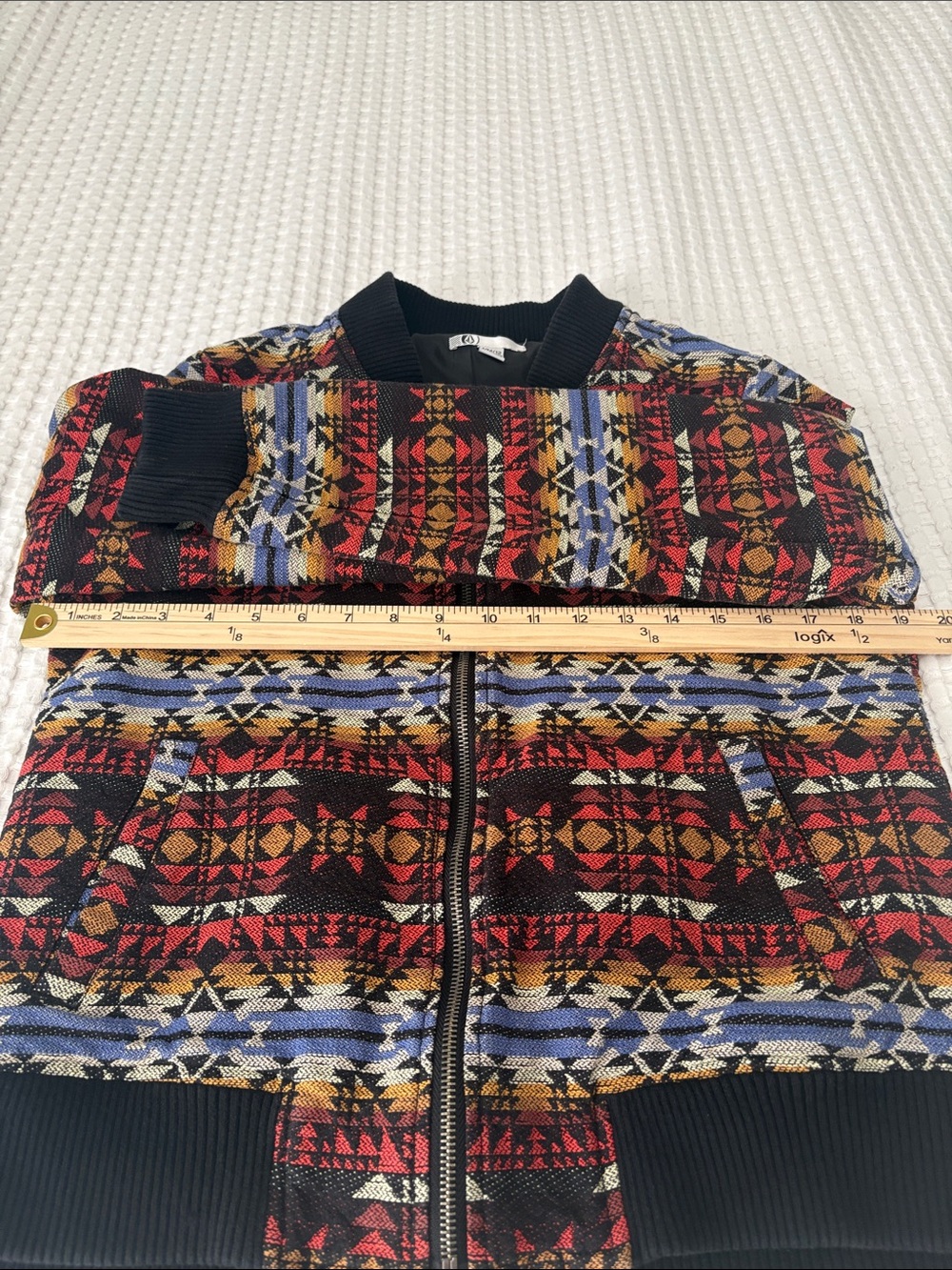 Southwestern Aztec Print Cropped Bomber Jacket Zip Front Tribal Tapestry SZ M - Picture 5 of 6